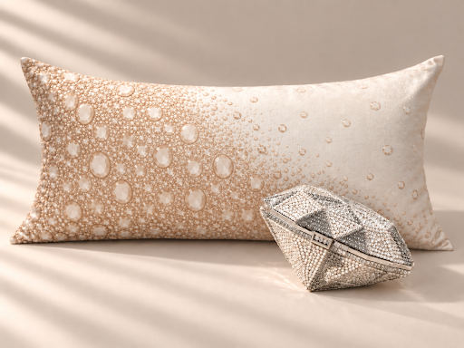 A Cristeaux rectangular lumbar pillow from the Judith Leiber Couture by Ann Gish collection, shown in a champagne‑gold to off‑white gradient with crystal embellishment, with a small diamond‑shaped Judith Leiber clutch covered in sparkling silver rhinestones positioned in front of it, catching light as it appears to crawl forward on a beige surface with soft diagonal shadows. - PWCX3616-CHM