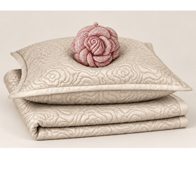 A product silo of the Roses Coverlet Set from Judith Leiber Couture by Ann Gish, shown in Bone, featuring the signature rose‑quilted coverlet with matching shams and topped with a Judith Leiber Rose clutch. - YSETCORQK‑BLE YSETCORQQ‑BLE